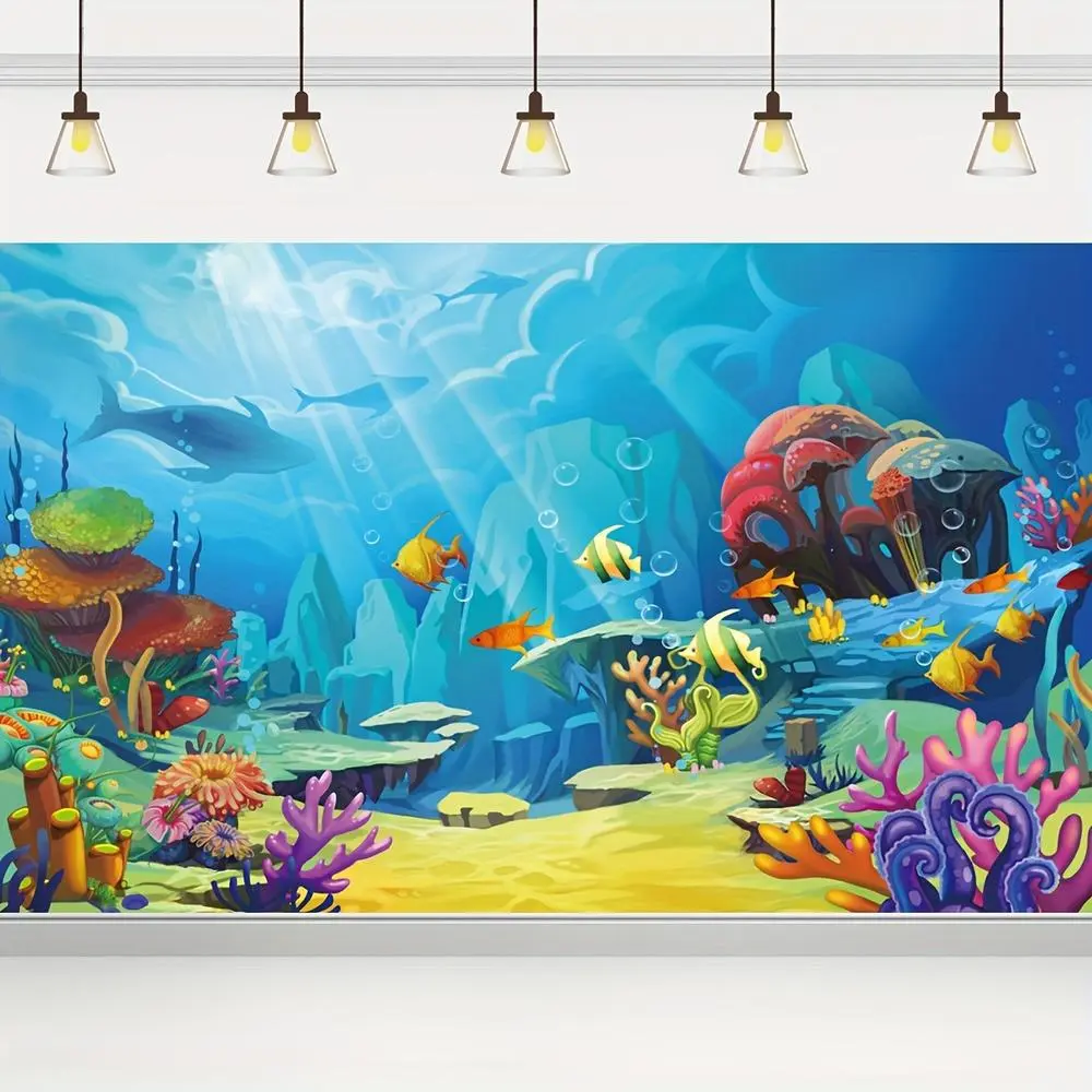 1pc Durable Synthetic 2D Flat Banner - Cute Ocean Mermaid Polyester Decorative Backdrop with Soft Texture, Washable Non-Electric Multipurpose for Room, Garden, White, Glam