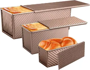 3 Pack Pullman Loaf Pans with Lids, 2.2LB 1LB 0.5LB Non-stick Carbon Steel Bread Pans, Corrugated Golden Toast Mold for Baking Homemade Sandwich and Sourdough Bread