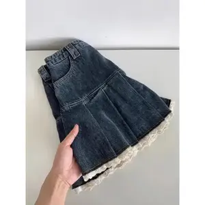 WomenBlueDenimAestheticPatchworkLaceHarajukuKoreanCowboyClothesSummerSolidColorHighWaistBodyconSkirt