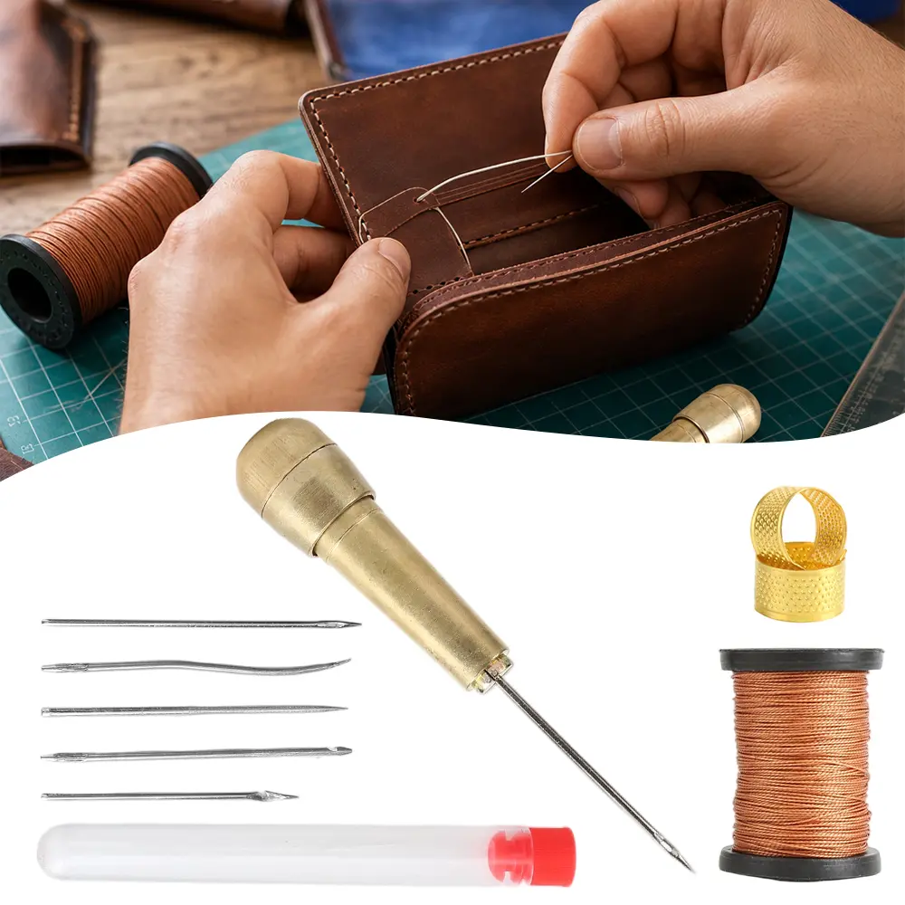 10-Piece Sewing Awl Tool Kit with Copper Handle, Leather Thread, Nylon Thread & Thimble Pair for Leather, Upholstery Fix, Canvas Repair, Kit Set