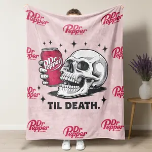 Dr Pepper and Skull TIL DEATH Pattern Flat Velvet Blanket Soft Flannel Material Cartoon Pattern Multipurpose Office Bedding Plush Thin Quilt Holiday Gift Cozy Warm