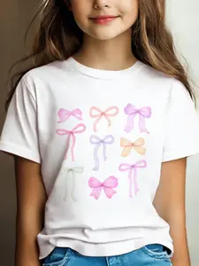 Girls' Pastel Bow Collection T-Shirt, Macaron Color Butterfly Print, Comfortable Soft Fabric, Cute Casual Kids Clothing, Playful