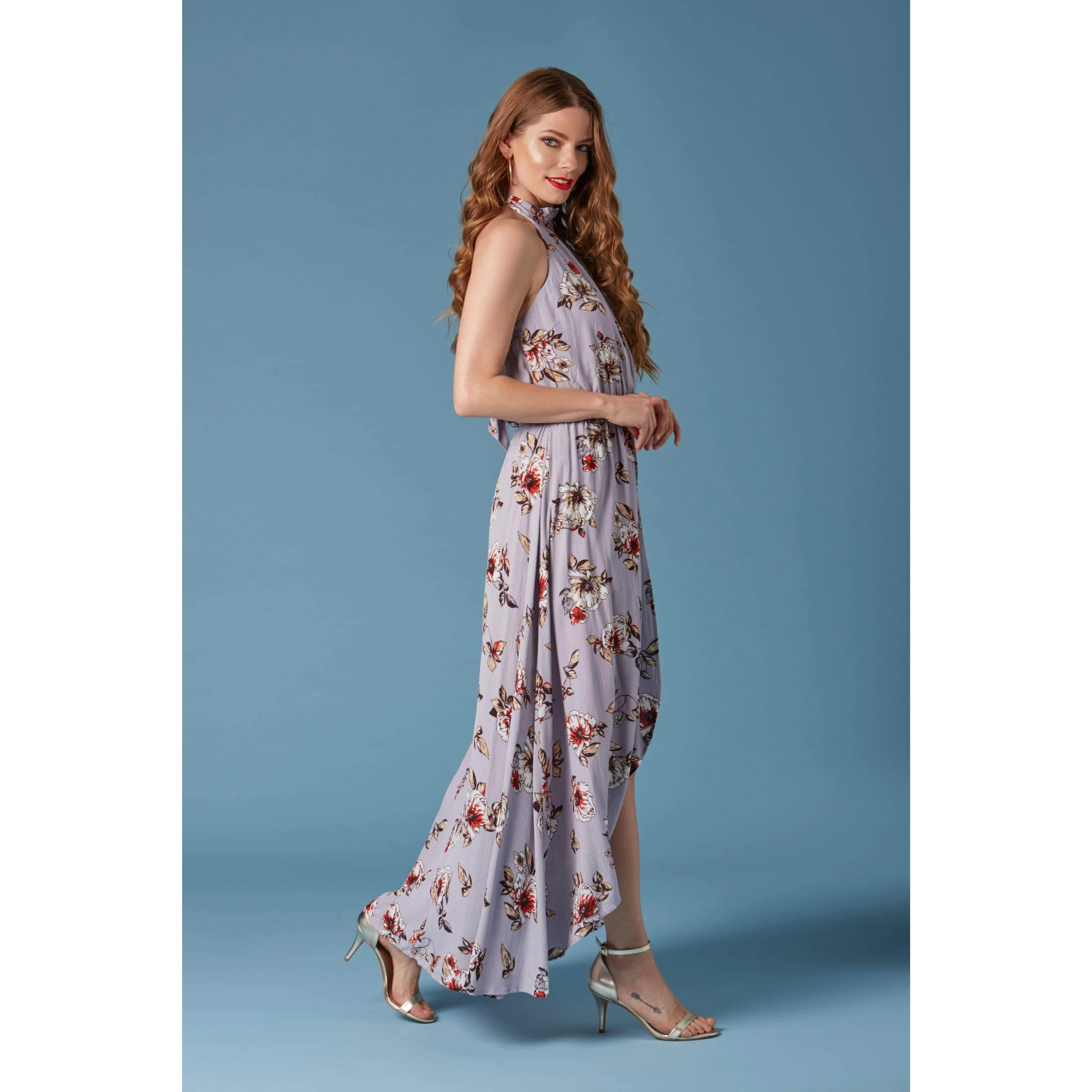Secret Garden Lavender Floral Print Halter Maxi Romper