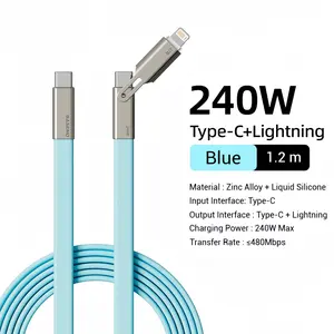 240W Type-C to Lightning Charging Cable Fast Charging for iPhone & Android Durable No-Tangle Blue Cord 1.2m Length
