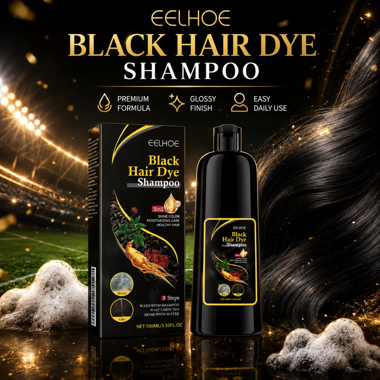 3-in-1 Hair Dye Shampoo for Gray Coverage - Black Hair Color Shampoo with Natural Botanical Herbal Formula for White to Gray Transformation, Moisturizing Nourishing Care for Smooth Shiny Healthy Hair, Easy At-Home Daily Use for Men Women, Great Gift Idea