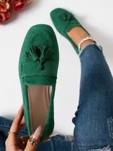 Women's Preppy Style Tassel Suede Loafers, Square Toe Slip on Fashionable Flats, Comfortable Casual Walking Shoes for Daily Wear & Office