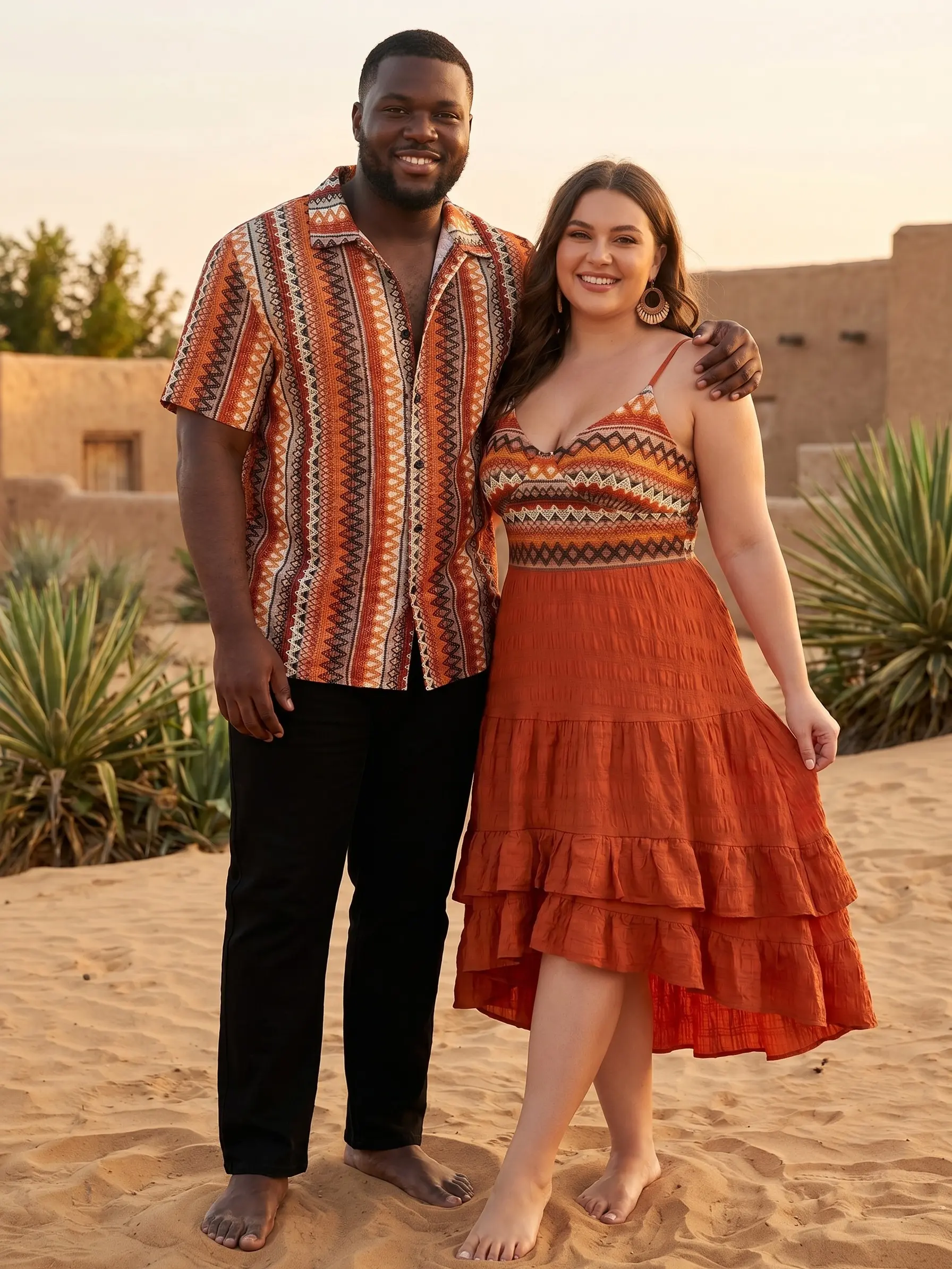 Bohemian Couple Matching Outfits Vintage Zig Zag Ethnic Geometric Print Layered Ruffle Dress and Hawaiian Shirt Set