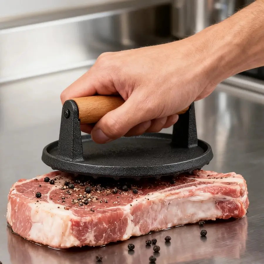 Round Meat Pressing Plate with Wood Handle Cast Iron Burger Press Non-Stick Meat Steak Press Board for Griddle Grill Hamburger