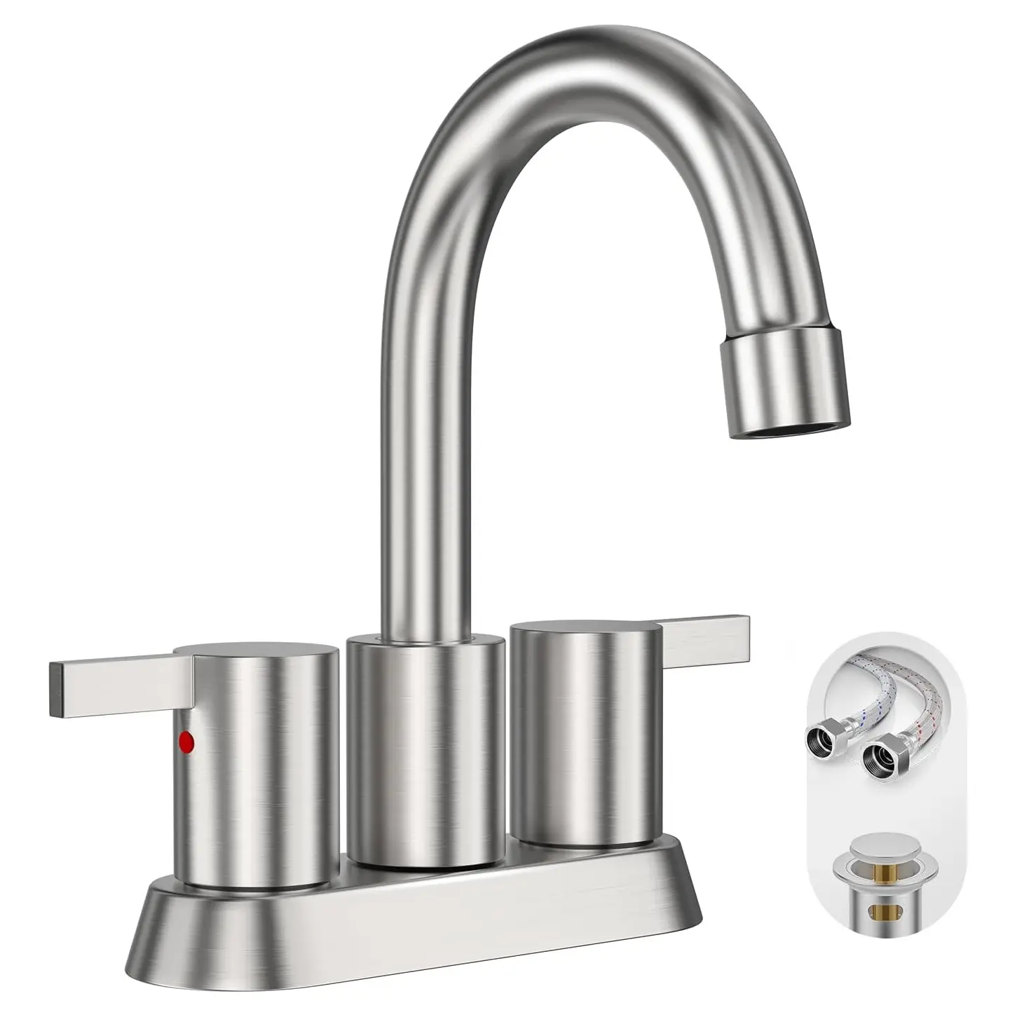 Brushed Nickel 4 Inch 2 Handle Centerset Lead-Free Bathroom Sink Faucet, with Copper Pop Up Drain and Water Supply Lines