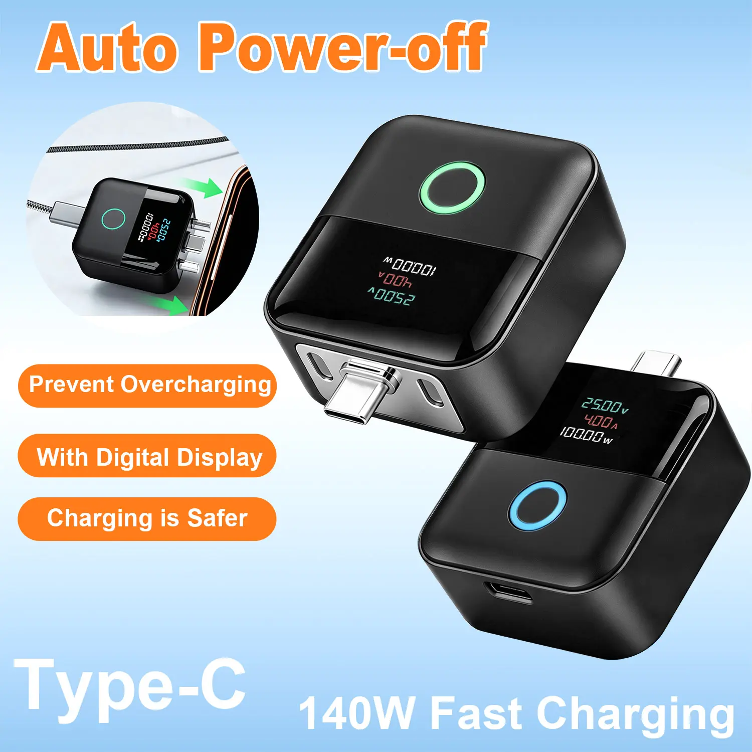 140W Type-C Auto Power Off Charging Separator, Ai Auto Eject Full Charge Disconnect Adapter with Digital Display for iPhone Duo 18 17 16 15, Samsung, Android Type-C Phone Laptop Tablet