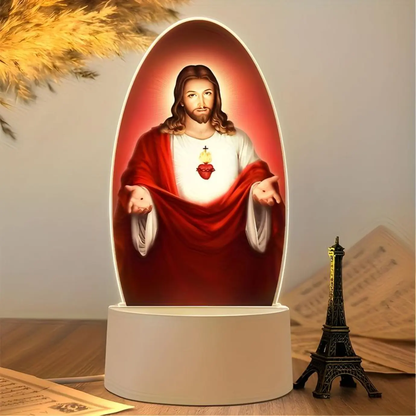 Sacred Heart Jesus Image LED Night Light - USB-Powered Religious Home Decor, Spiritual Prayer Blessing Lamp for Indoor Bedroom Table Ornament