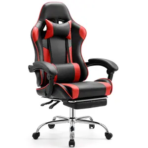 Red Video Game Desk Chair - Ergonomic Computer Chair with Footrest and Comfy Lumbar Support, PU Leather Recliner with Headrest, Fixed-Up Armrest, Height Adjustable with 360° Swivel,  Adults,