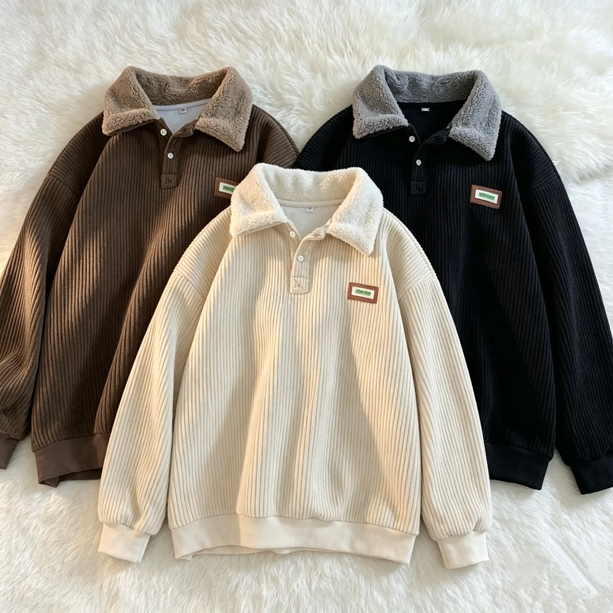 Corduroy Polo Collar Sweater Autumn and Winter Fleece-lined simple fashion Oversized Plus Velvet Outerwear Classic clothing lamb wool coat Comfort Long Sleeve Machine Washable Couple Sweater