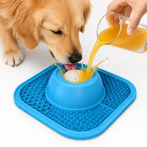 PLOSIF Slow Feeder Dog Bowl for Liquid Treat with Entertained Ball, Dog Feeder Bowl with Slow Feeder Mat, Dog Feeder Lick Bowl for Bone Broth and Yogurt for Large Medium Small Breeds Dietary Supplement/Post-op Nutrition, Blue