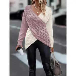 Plus size twist front colorblock sweater, casual long sleeve V neck sweater for Fall & Winter, women's plus size clothing