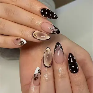 Caramel Floral Gold Pearl Polka Dot French Vintage Style Removable Nail Art DIY Set, Medium Glossy Finish, 30 Pieces