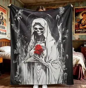 Gothic Death Flannel Blanket Skull and Rose Print Lightweight Super Soft for Cozy Nights Perfect for Halloween Decor