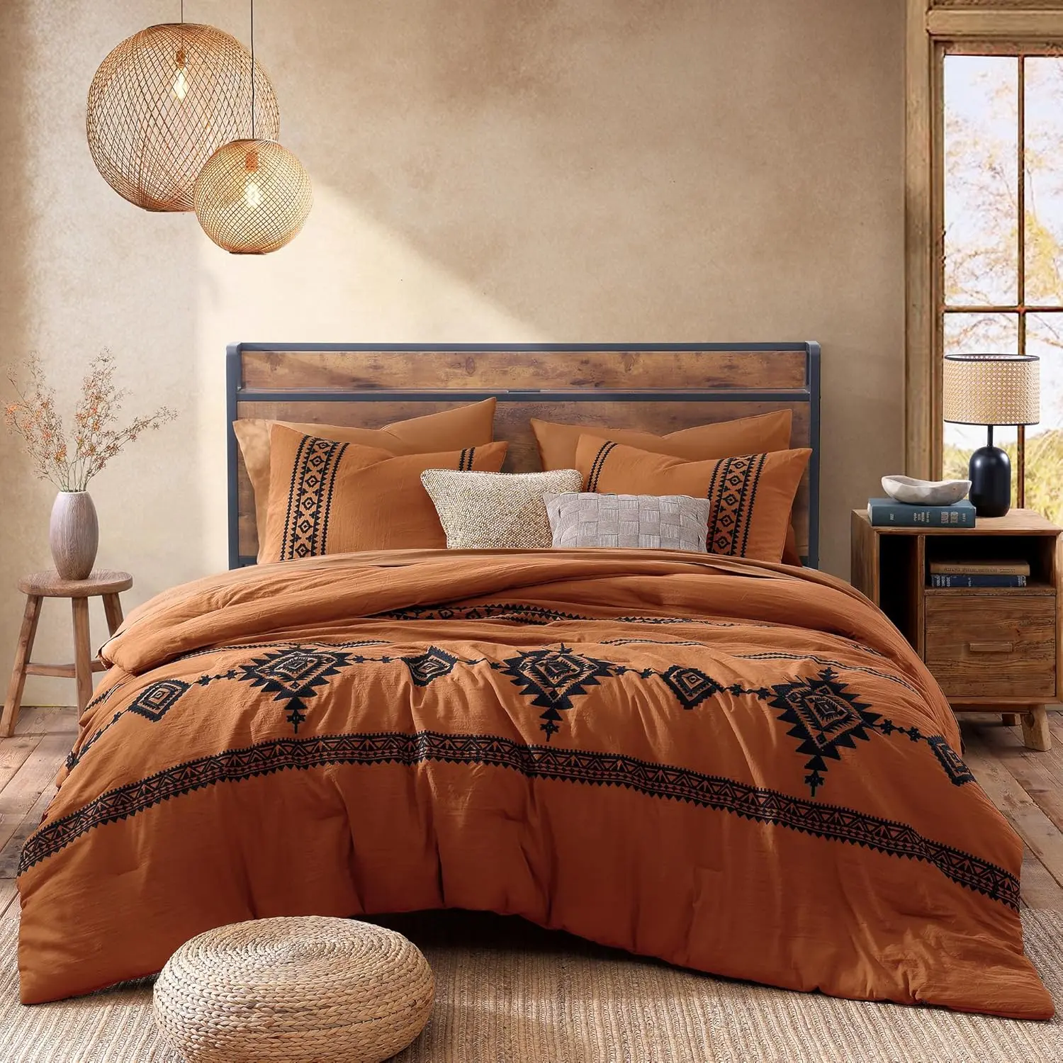 MaiRêve Embroidery Comforter Sets, boho Light Olive Green Western queen Bedding Set king Boho 7 Pieces, All Season Farmhouse Bed in A Bag Comforter Set with Sheets, Pillowcases & Shams bedding sets bed comforter set bedding set