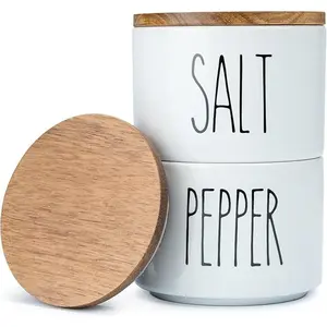 Heartland Home Ceramic Salt and Pepper Bowls. Dual Holder Salt Cellar with Lid - White, Stackable