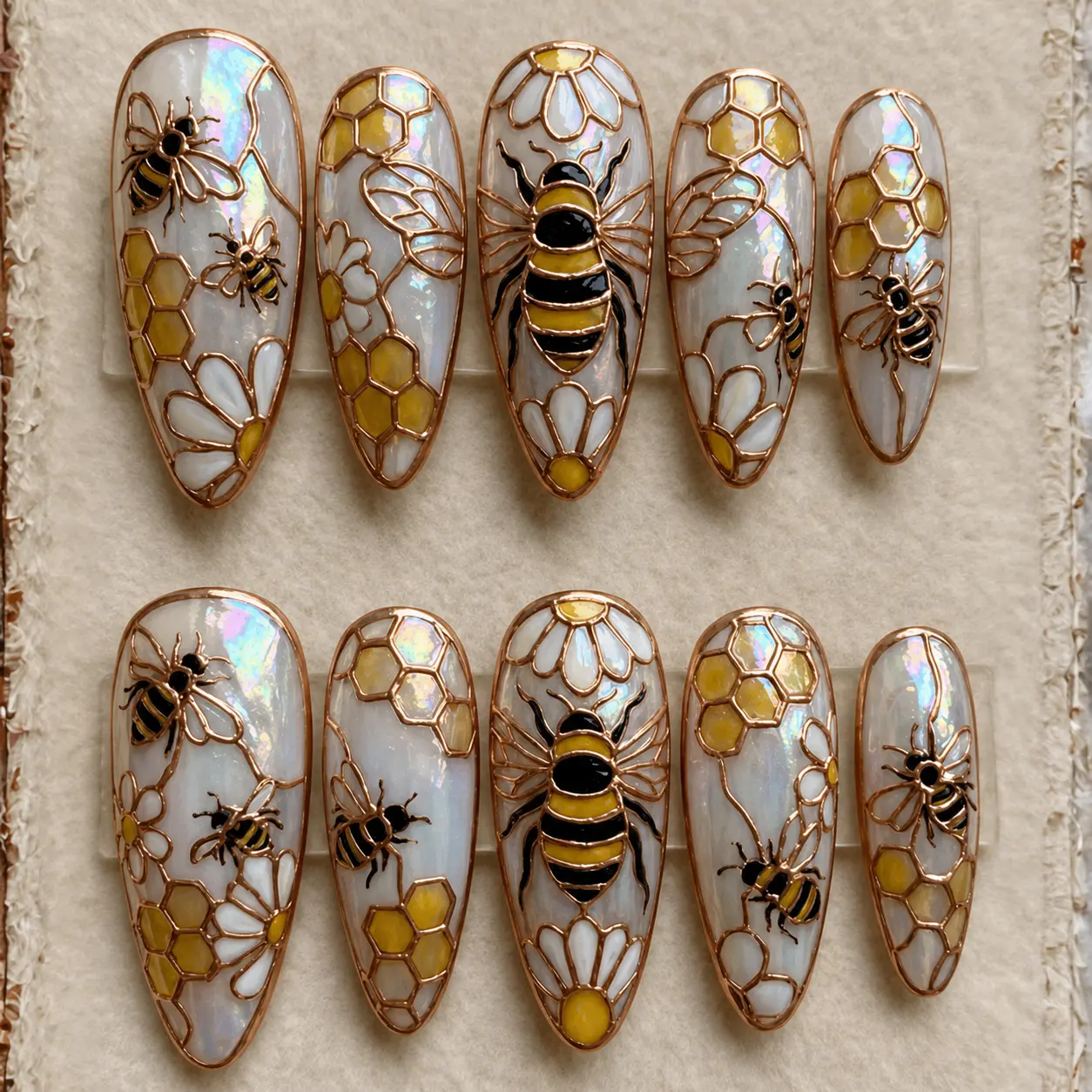 Honey Bee Press On Nails | Handmade Stained Glass Floral Nails | Cottagecore Bee Garden Press On Nails | Luxury Honeycomb Nail Art