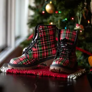 The Rooted Fern Plaid Vegan Leather Boots with Festive Red Green Tartan Design and Durable Lace-Up Closure