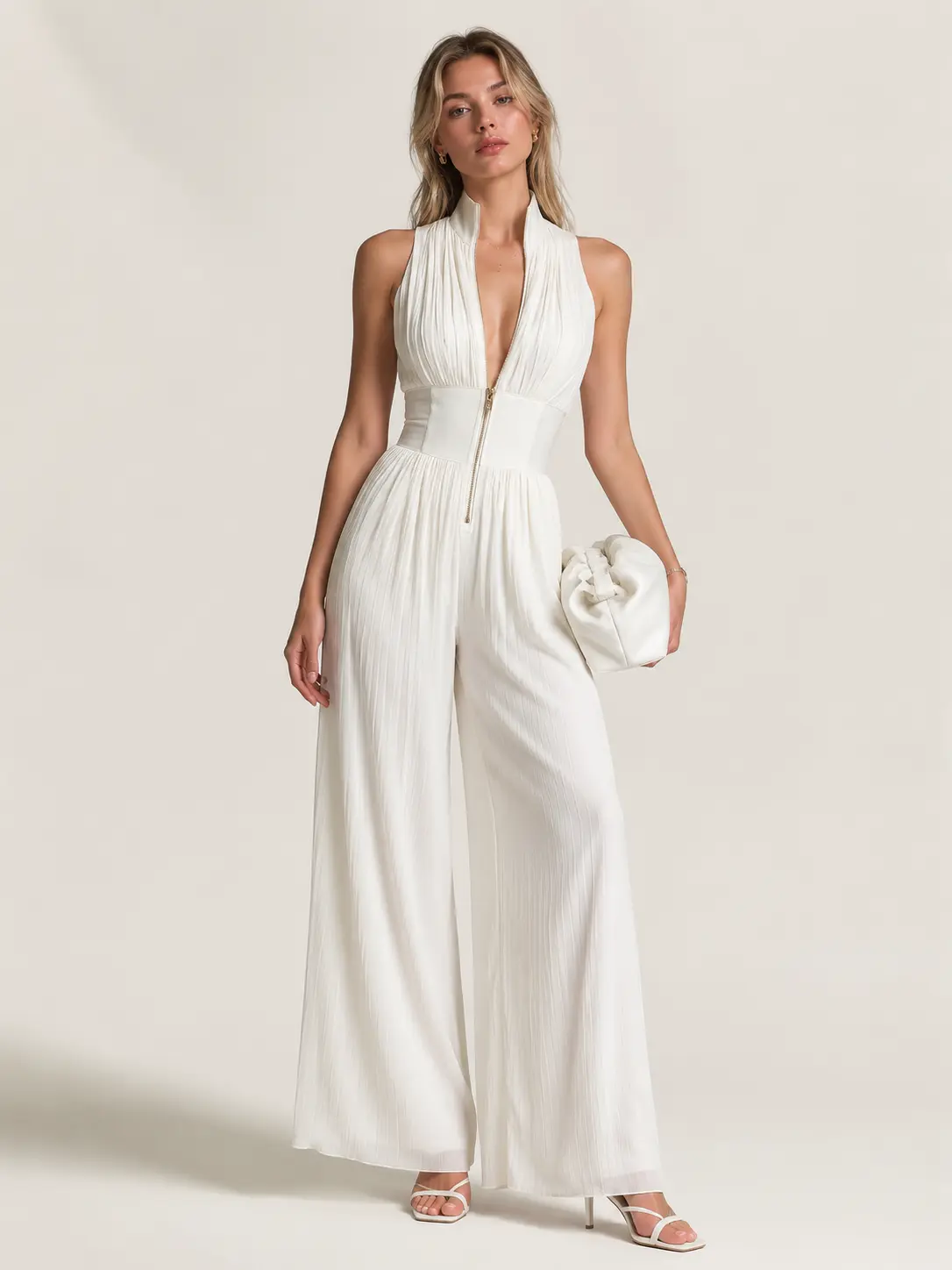 2026 Summer Women Solid Pleated Halter Jumpsuit Deep V High Waist Wide Leg Long Pants Sleeveless Zipper Front Polyester Elegant Vacation Evening Party Commute Outfits XS-2XL