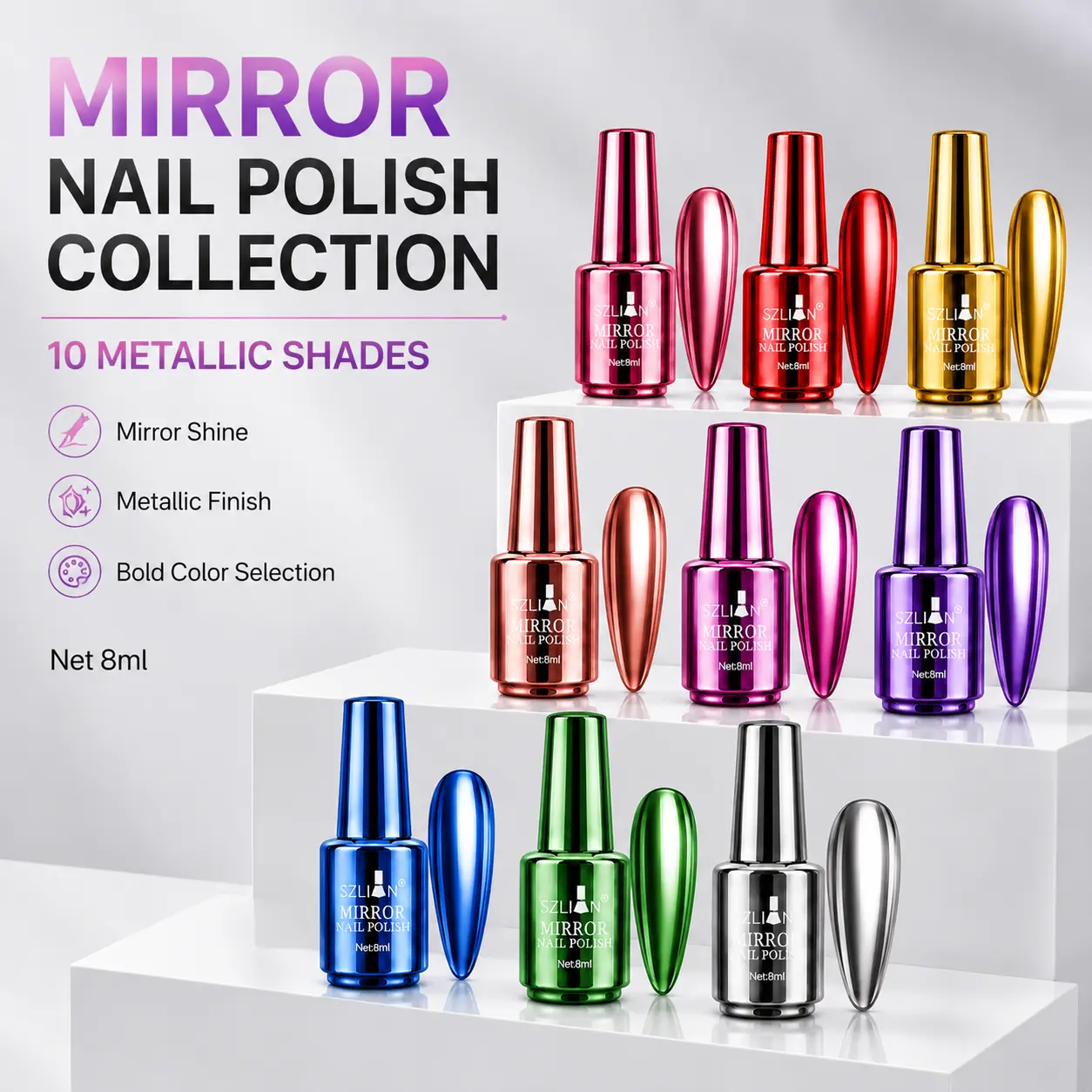 10-Shade Mirror Chrome Nail Polish Kit, Rich Metallic Reflective Finish, Air-Dry Formula with Built-In Brush for Beginners, Home DIY Nail Art, Wedding & Holiday Manicures
