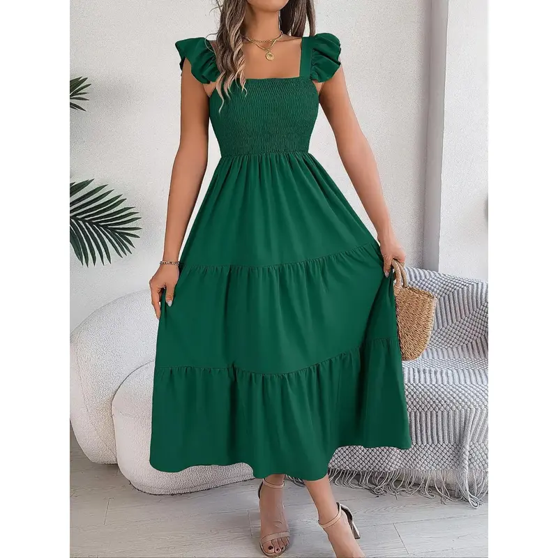 green emerald velvet dress Jackie Wide Ruffle Hem Pinafore Midi Dress Forest Green