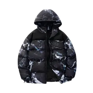 Men's Marble Print Hooded Down Jacket – Winter Puffer Coat for Cold Weather, Warm & Casual Streetwear Design Menswear Tops