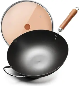 12.59 inch Iron Wok for Stir-fry, Uncoated Chinese Traditional Flat Bottom Pure Iron Pan, Suitable for Induction, Electric, Gas and All Stoves
