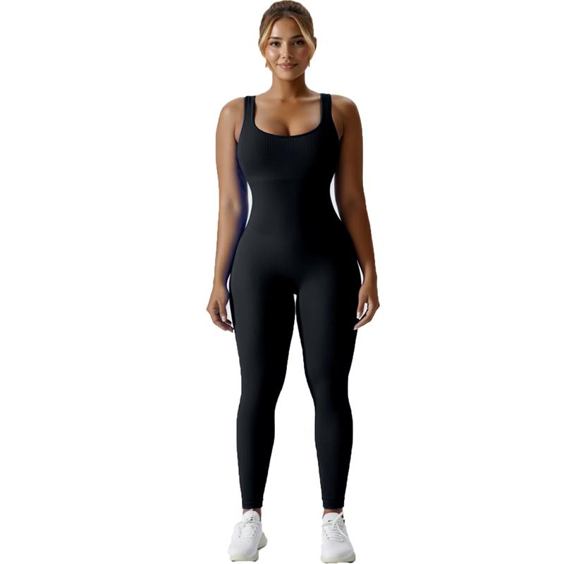 Women's Seamless Ribbed Knit High-Stretch Tummy Control Butt Lifting Yoga Bodysuit Square Neck Sleeveless Plain Solid Color Long Length Minimalist Elegant All Seasons Athletic Style Workout Gym Clothing