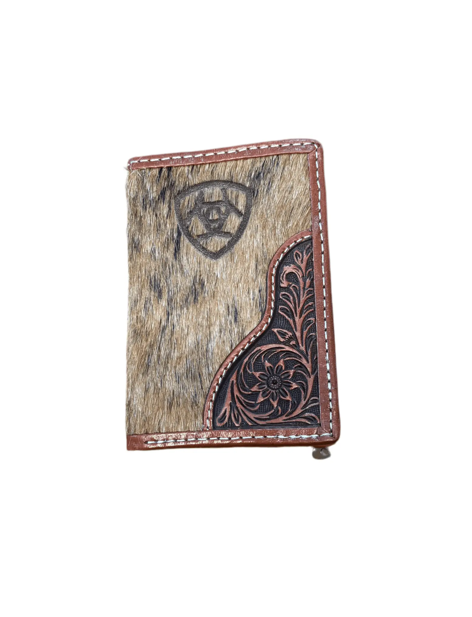 Ariat Men's Trifold Wallet - Genuine Calf Hair Leather with Floral Overlay & Shield Logo, Durable Western Men's Wallet, Compact Everyday Carry, Organized Interior with Cash Compartment, Genuine Leather Wallet