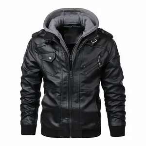 Leather Jacket Man Original with Hooded Design and Multiple Pockets for Stylish Wear Featuring Zipper Closure and Functional Pockets