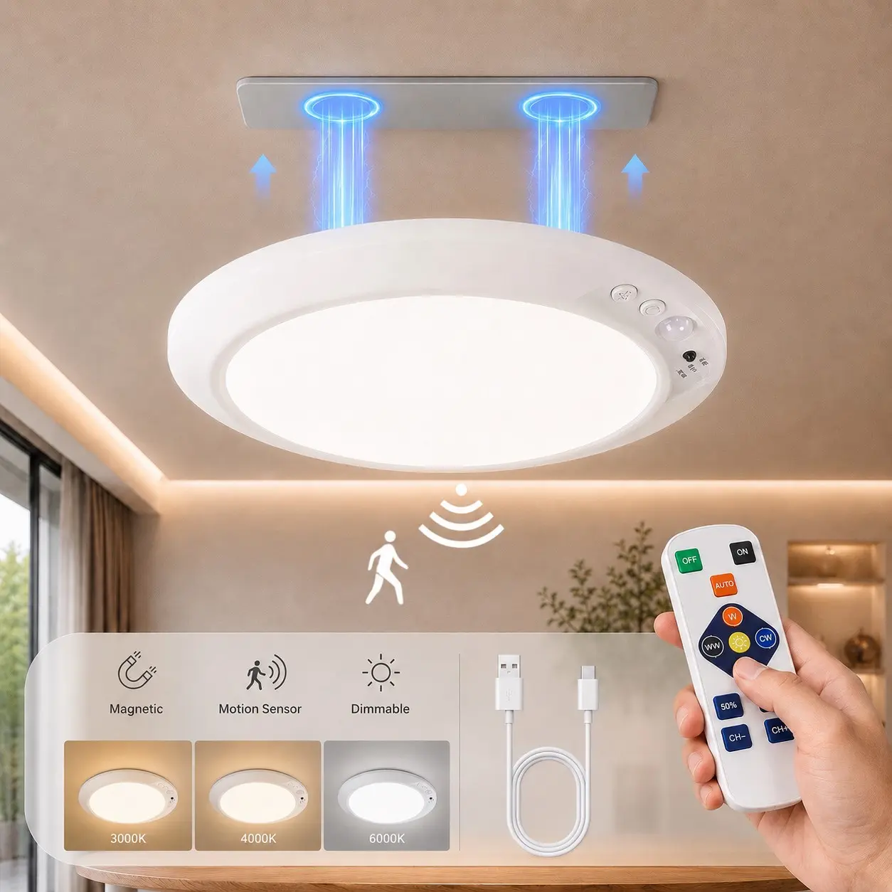 Rechargeable Motion Sensor Ceiling Light with Remote, Wireless Magnetic LED Ceiling Lamp, Ambient Led Lighting, Home Lighting, Battery Operated Indoor Wall Lights for Bathroom Stairs Garage Porch & Shed, Dimmable Led – 3 Colour Temperatures