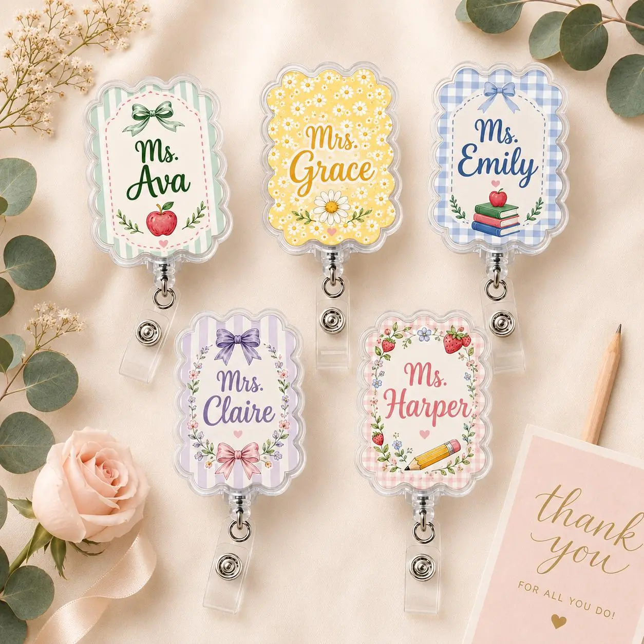 Personalized Teacher Badge Reel, Custom Name ID Badge Holder, Teacher Appreciation Gift, Cute Retractable Badge Reel for Educators