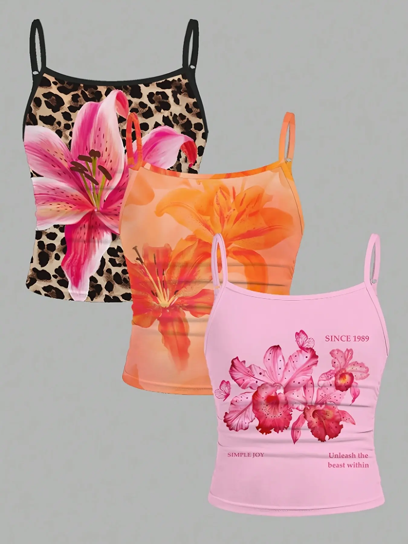 3-Piece Sleeveless Tank Tops Set, Y2K Style Girls' Floral Print, Lily/lotus & Leopard Print, Elastic Comfort, Lightweight, Summer Casual Off-Shoulder Top