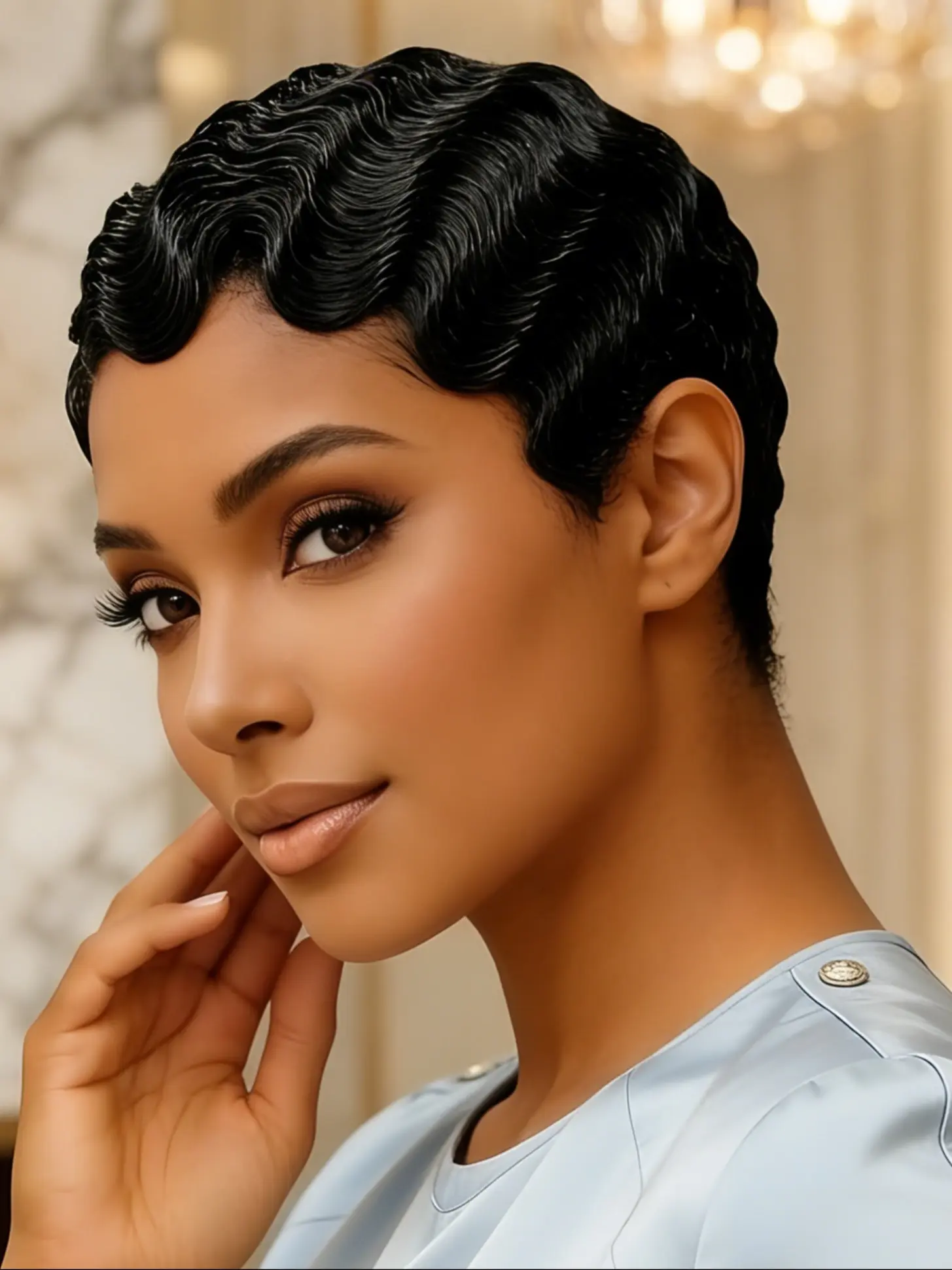 6 Inches Finger Wave Real Human Hair Wig, Short Pixie Cut Wig for Women, Wavy Texture, Natural Looking, Perfect for Everyday Use