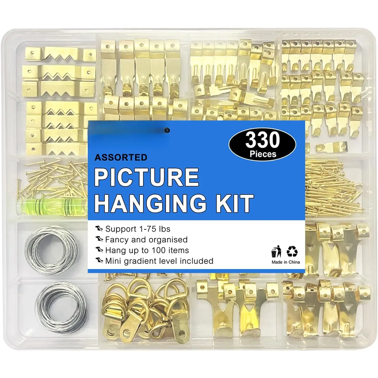 330 count Picture Hangers Kit - Holds 10-75lbs, With Hanging Wire, Ring Hooks, D Rings, Sawtooth Hangers for Frame, Canvas, Mirror Decoration