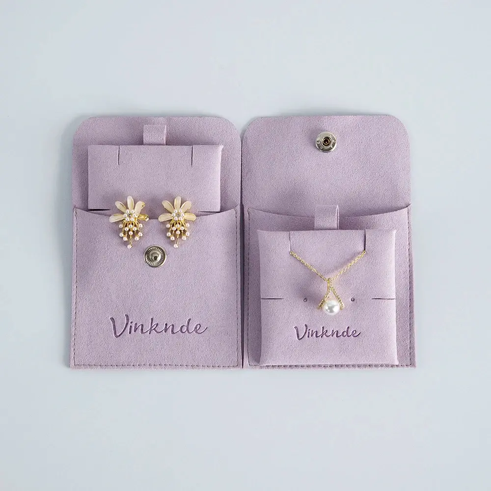 Vinknde Luxury Personalized Jewelry Bags Card Set Custom Logo Microfiber Button Jewellery Ring Earring Packaging Pouch With Insert Cards 4.1