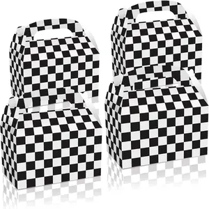 12PCS Checkered Racing Treat Boxes Race Car Party Favors Bags Black and White Checker Racing Flag Cardboard Boxes with Handles for Candy Goodie Bags