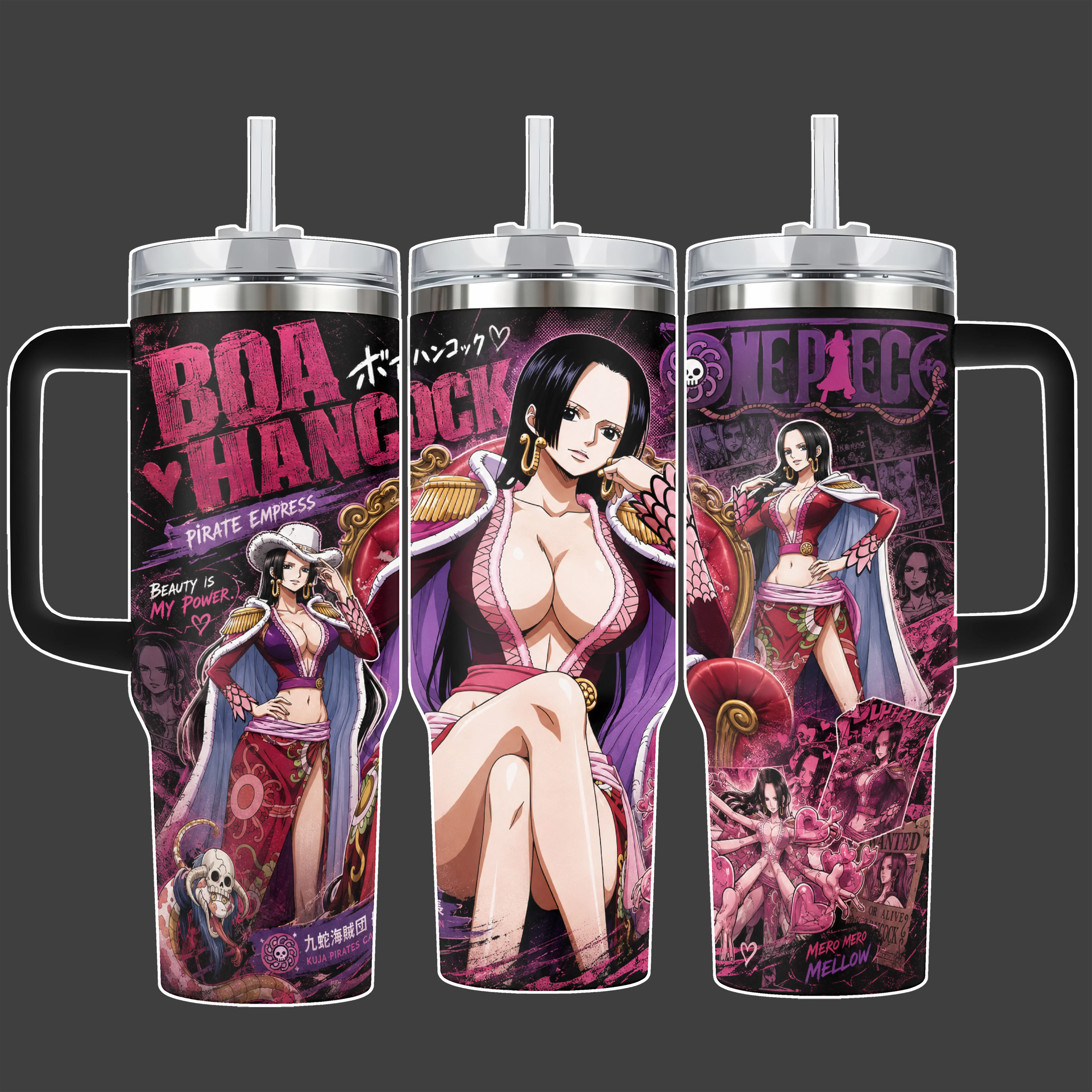 Boa Hancock Pirate Empress Kuja Pirates Pink Anime Opiece Tumbler Cup, Black Full Wrap Stainless Steel Insulated 20oz/40oz With Straw Lid Included, 40oz Handle Option