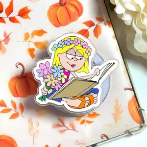 Cute Book Lover Girl Phone Grip Floral Reader Cartoon Design, Whimsical Bookish Aesthetic MagSafe Holder, Gift for Bibliophiles