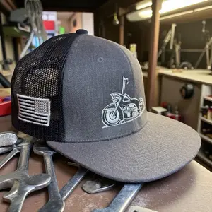 Moto Flag Trucker Cap – Charcoal & Black Embroidered Hat