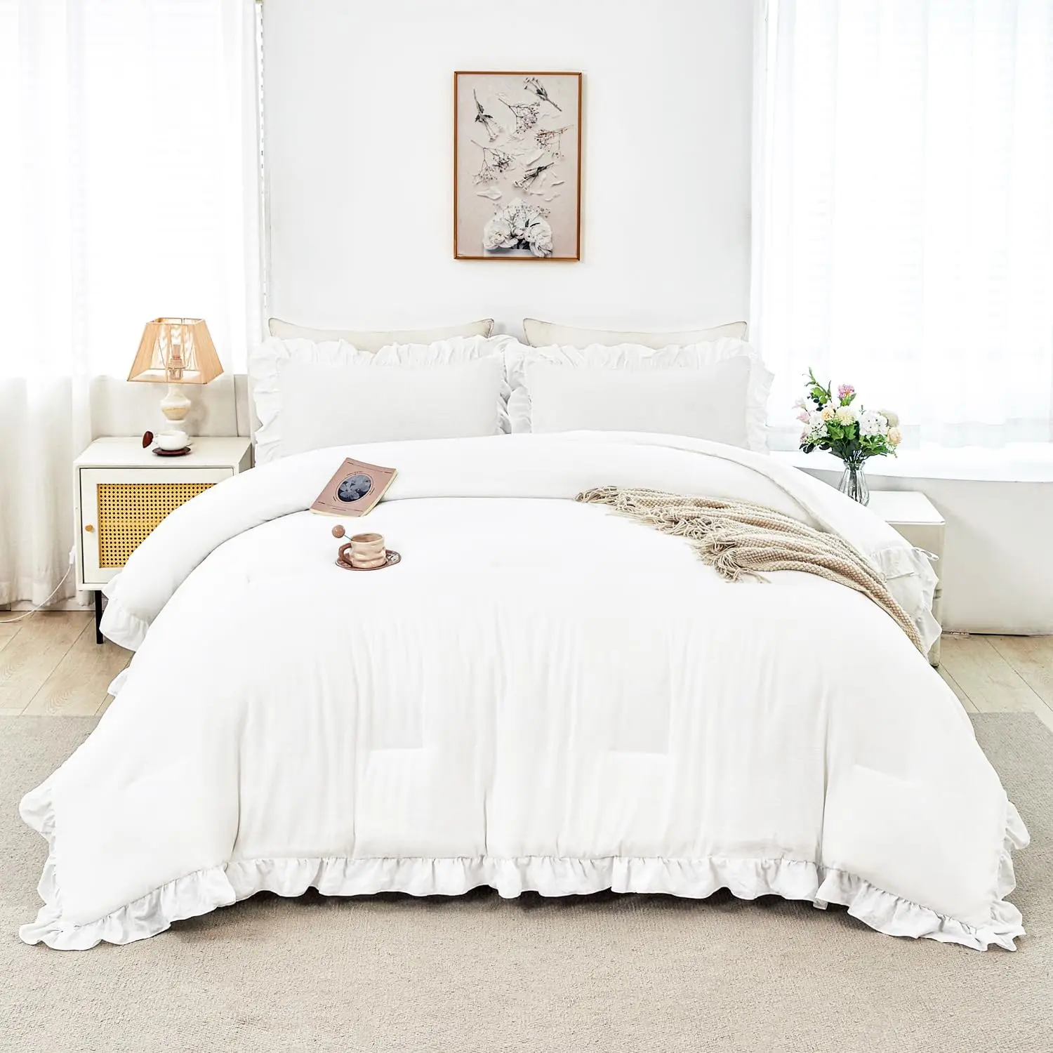 White Ruffle Comforter Set  5 count Ruffled Bed in A Bag with Sheets Soft Farmhouse Bedding Sets for  Girls Teens(White )