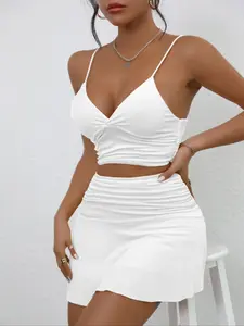 Women's Solid Crop Cami Top & High Waist Skirt Two-piece Set, Casual Fashion Cozy Two Piece Outfits for Daily Outdoor Wear, Ladies Clothes for Summer