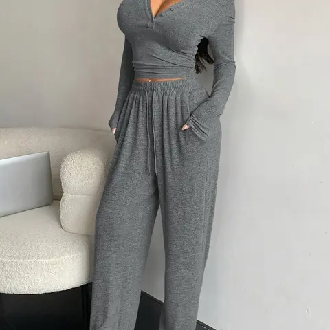 Women's Basic Solid Button Front Long Sleeve Medium Fitted Tee & Wide Leg Drawstring Waist Two-piece Set, Womenswear Casual Fashion Cozy Two Piece Outfits for Daily Outdoor Wear, Women Clothes for All Seasons