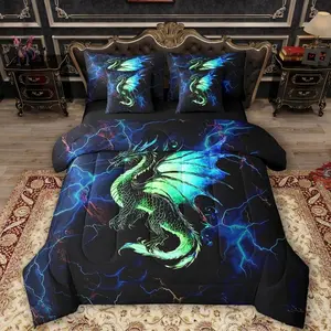 Kids Cartoon Dragon Bed in a Bag 7 Pieces Boys Girls Dragon Comforter Set with Sheets Lightning Dragon Bedding Sets with Comforter,Pillowcases,Flat Sheet,Fitted Sheet and Cushion Cover