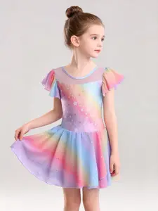 Girls’ ballet one-piece outfit with rainbow star print, tulle skirt, cute flutter sleeves, soft breathable fabric—perfect for ballet classes, performances, and princess outfits.