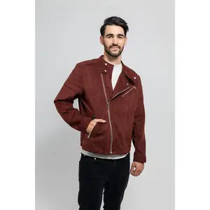 FM Men's Asymmetrical Zipper Maroon Faux Suede Vegan Leather Biker Jacket