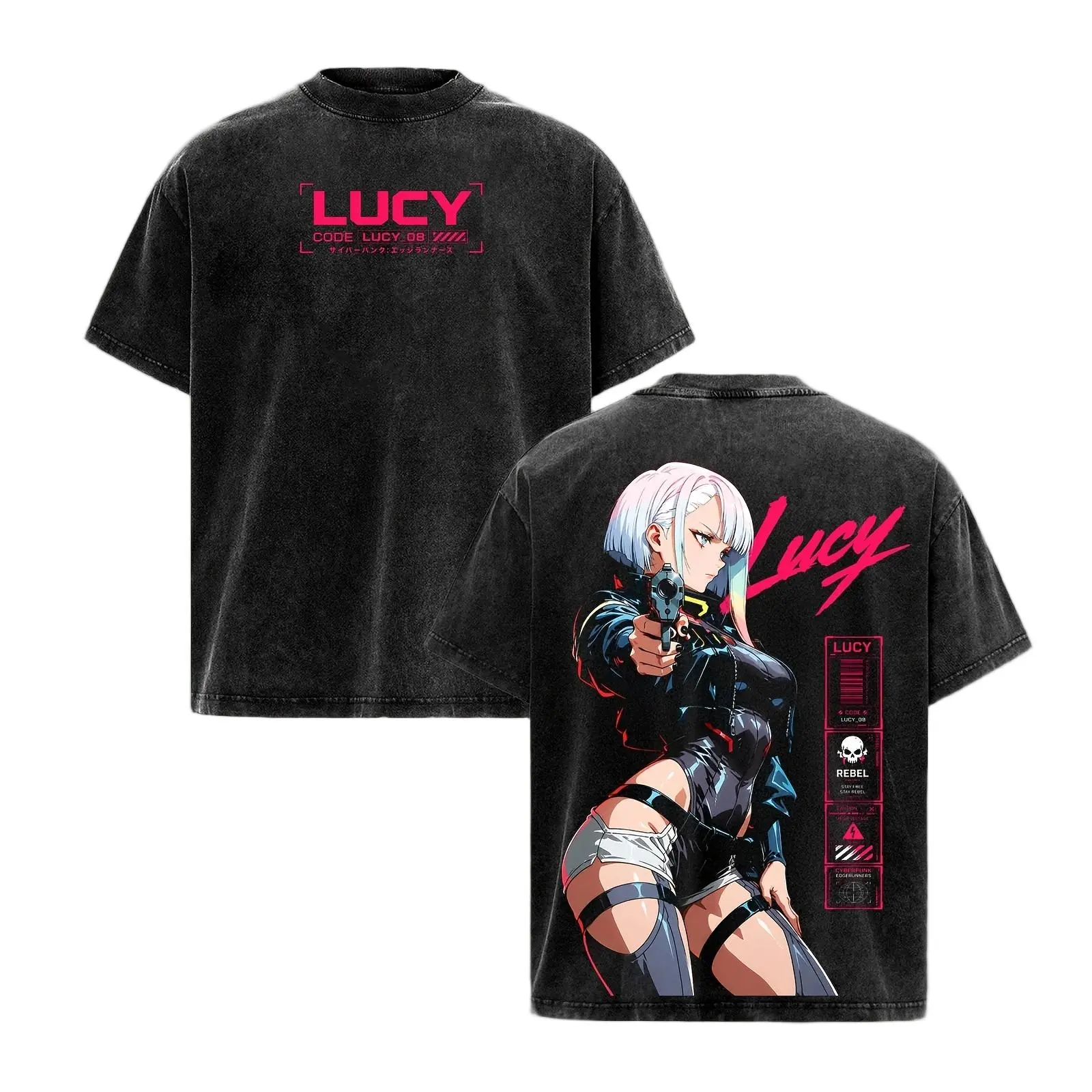 Men's Retro Washed Streetwear T-Shirt - Cyberpunk Edgerunners Lucy Anime Graphic Print, Casual Relaxed Cut Shortsleeve Crewneck Top with Aesthetics Design, Tshirt, Vintage, Menswear, Anime Art, Cotton, All Seasons, Playful Look, Round Neck